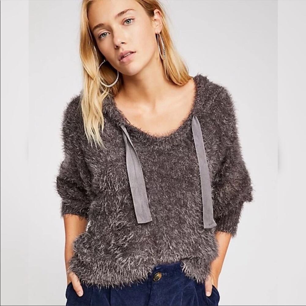 Free people light as a feather fuzzy gray hoodie soft sz XS oversized cut